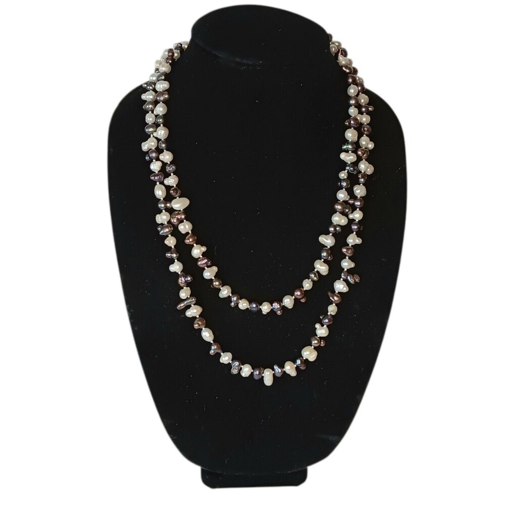 Freshwater Baroque Black White Pearl Necklace 48” Hand Knotted Continous Strand